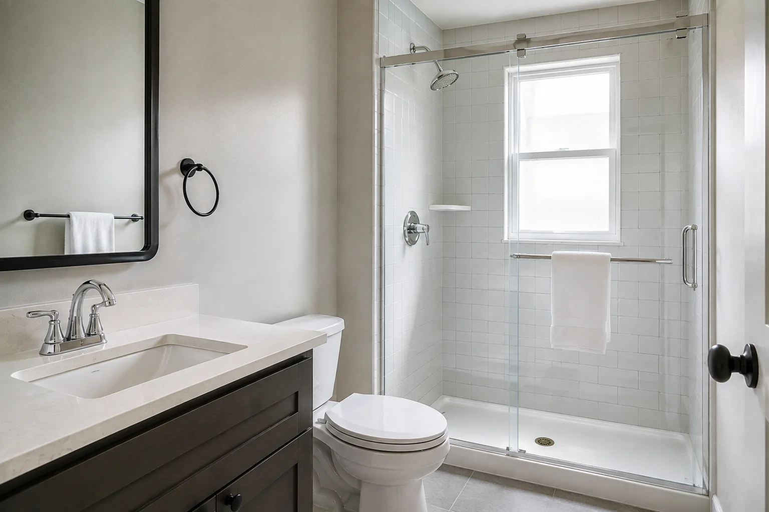 Bathroom and glass shower after a deep clean