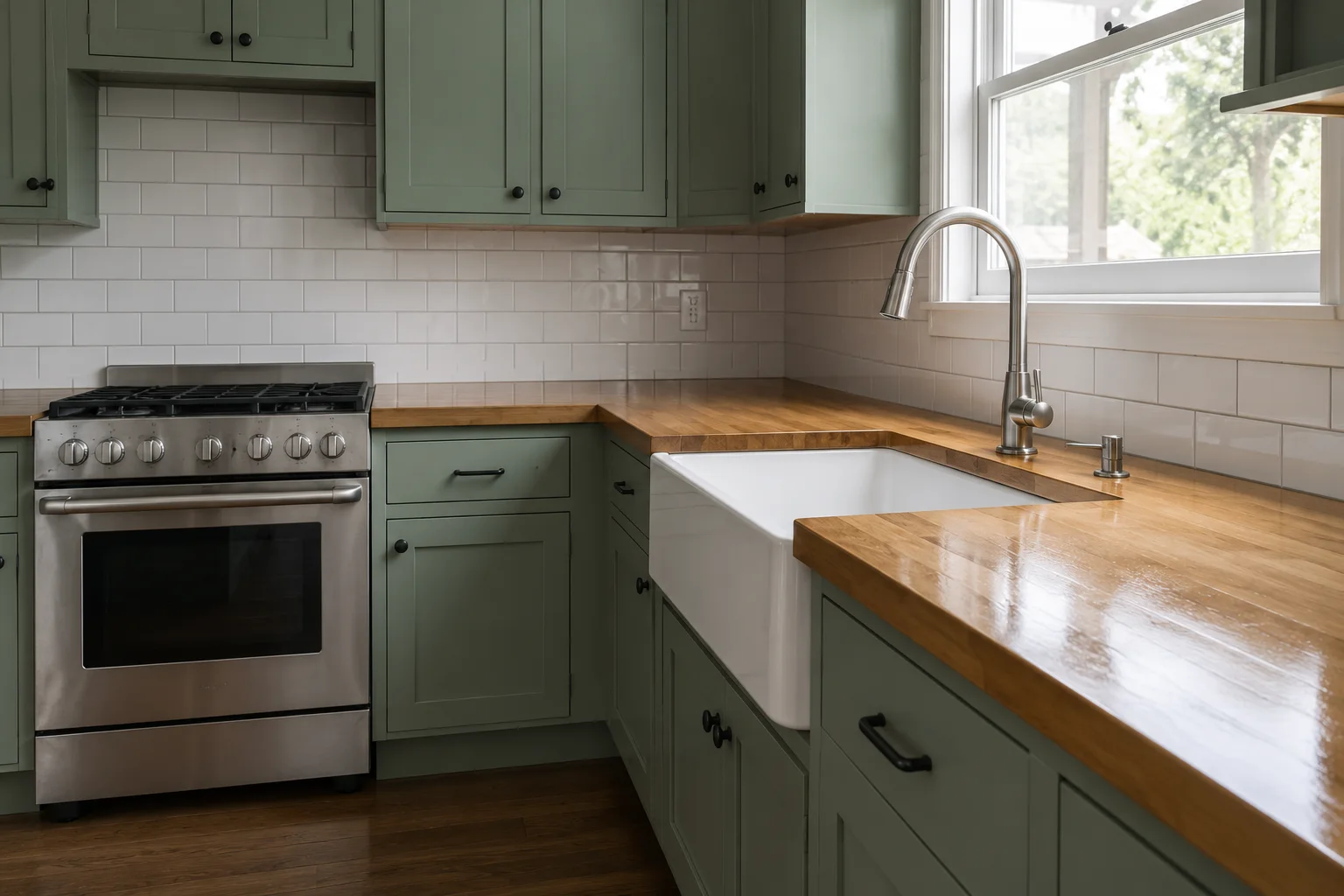 Kitchen cabinets and countertop after a deep clean