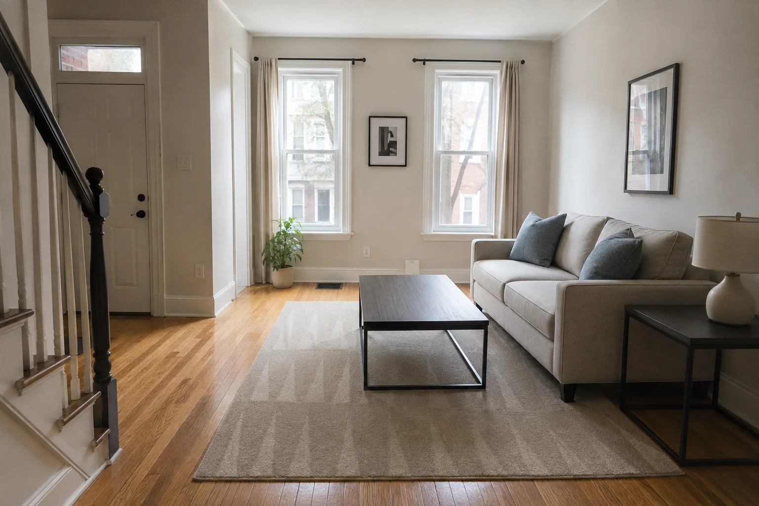 Living room cleaned and tidied in a Philadelphia rowhouse
